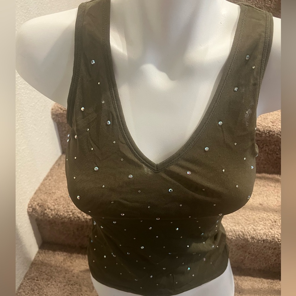 Rhinestone military green mesh‎ tank top
